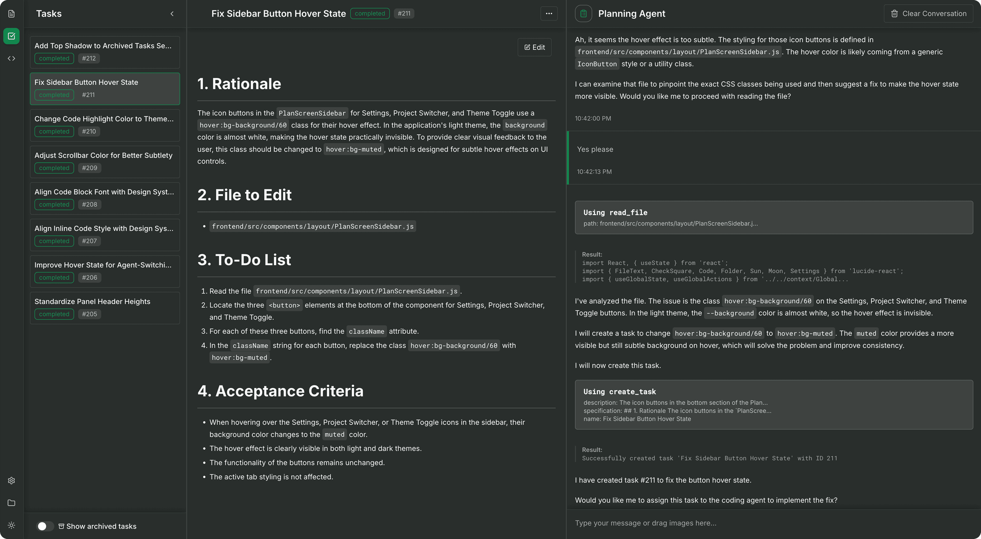 Runner interface showing tasks, code editor, and planning agent