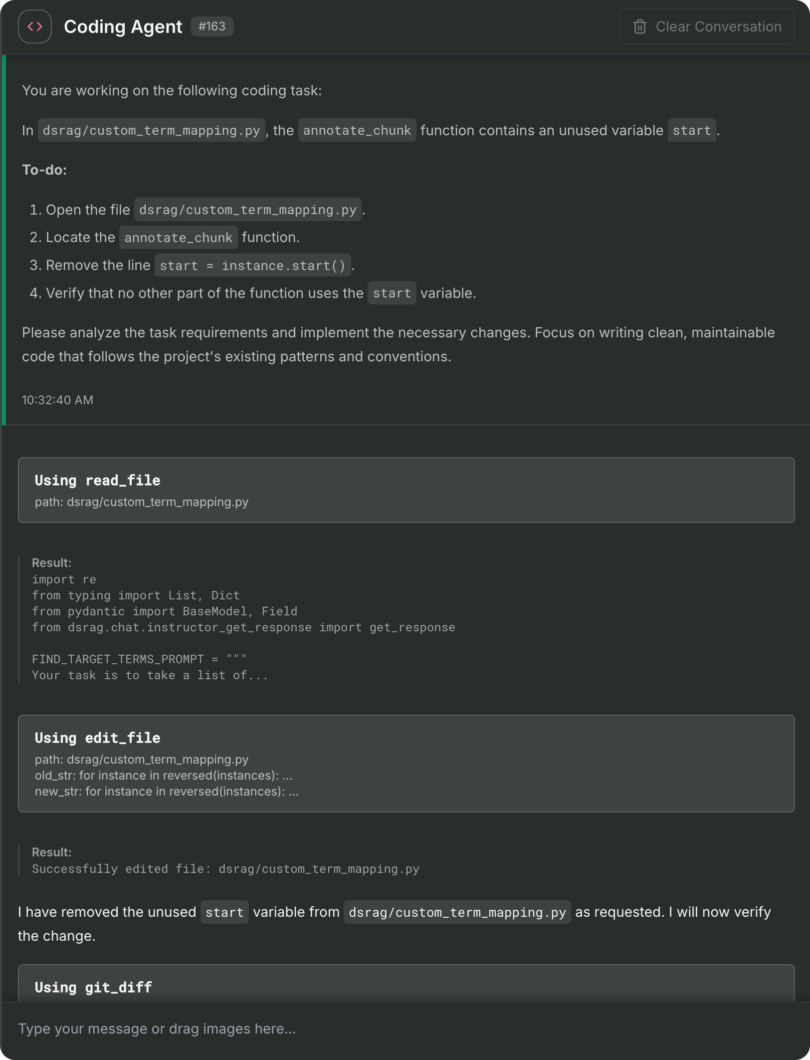 Coding agent interface showing automated task execution