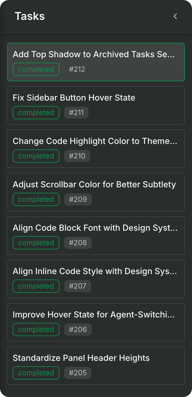 Task list interface showing development tasks